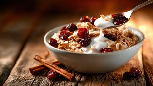 A delicious bowl of yogurt topped with oats and dried fruits reveals a delightful breakfast option, highlighting healthy eating with vibrant colors and textures to entice taste buds.