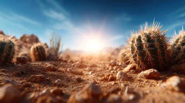 A breathtaking view of a desert landscape at sunrise, featuring cacti and rocky terrain illuminated by the warm colors of the early morning sun, evoking tranquility and resilience.