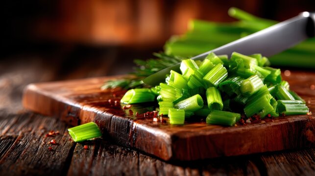 Vibrant chopped green celery showcased on a rustic wooden cutting board with a knife, representing the essence of healthy cooking and fresh ingredients in culinary practices.