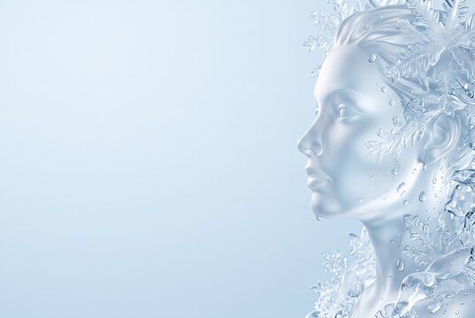 A woman's face appears to be made of ice and frost. Water droplets sit on the surface. The background shows a light shade of blue, typical of winter scenes