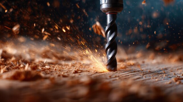 A close-up shot of a drill bit piercing wood, causing splinters and sparks to fly, highlighting the raw energy and precision of woodworking processes beautifully.