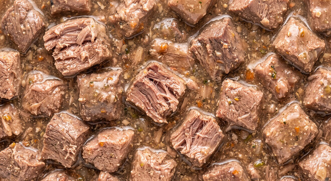 Detailed macro texture of large heterogeneous meat chunks featuring fibrous fractures
