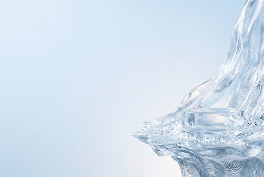 A piece of ice stands tall in the winter scene. Clear water sits in the center of the ice. The setting shows a soft blue background, capturing the coolness of the season