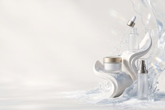 Winter setting features beauty products on white shapes. Droplets fall around jars and bottles, creating splashes. Soft light highlights the scene, showcasing the items in focus