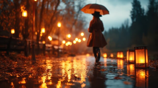 A solitary woman walking with an umbrella on a rainy evening, creating a serene and contemplative atmosphere filled with glowing lanterns lining the wet path.