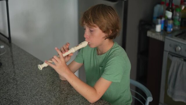 A little boy learns to play the flute at home, practicing with focus and enthusiasm in a cozy, warm setting. A charming scene of early musical exploration, creativity, and childhood growth.