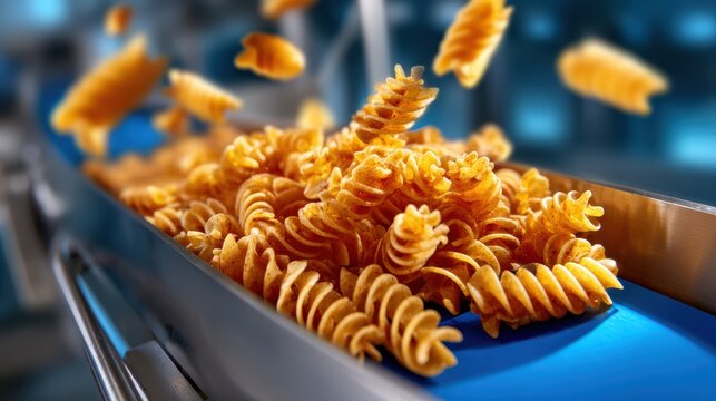 A dynamic scene featuring fusilli pasta spiraling off an industrial conveyor belt, presenting a striking visual of motion and texture in food production and culinary creativity.