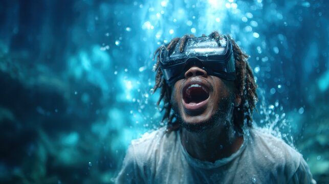 A person in a virtual reality headset is depicted underwater, surrounded by bubbles and light, showcasing the thrill of immersive digital experiences in a unique environment.