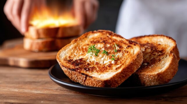 Perfectly toasted slices of bread topped with golden melted butter, offering a tantalizing perspective on breakfast pleasures and warm comfort food.