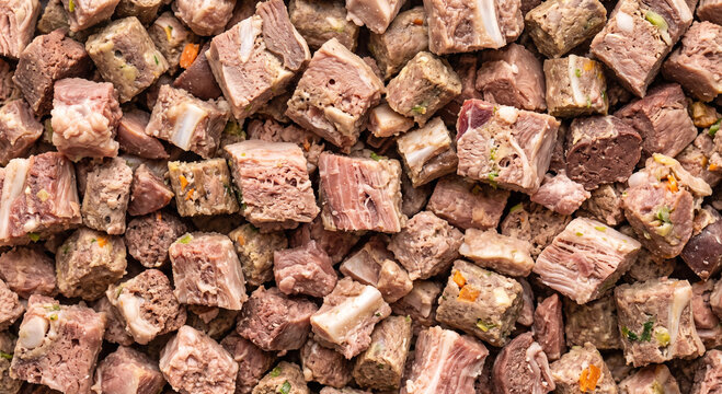 Close up texture of fresh raw meat pieces with distinct soft and firm regions