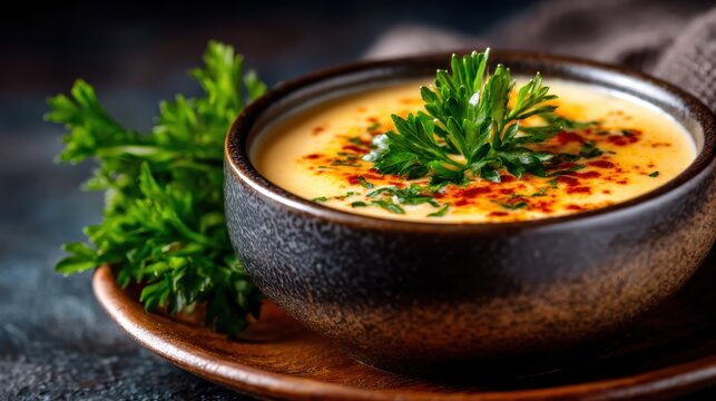A tantalizing bowl of creamy soup garnished with fresh herbs captures the essence of culinary elegance and vibrant flavors in a rich, inviting presentation.