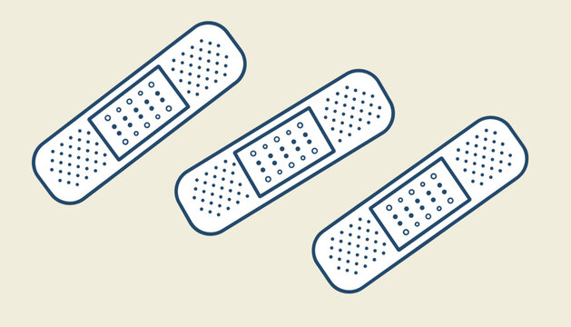 Three cartoon medical plaster bandages diagonally arranged on a warm beige background representing healing and care.