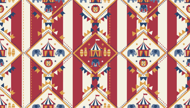 Vintage circus seamless pattern with red and white tents, flags, trained elephants, and lions on striped backgrounds.