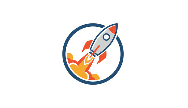 Rocket ship spaceship launching dynamically through a circular frame with retro red and orange blast clouds.