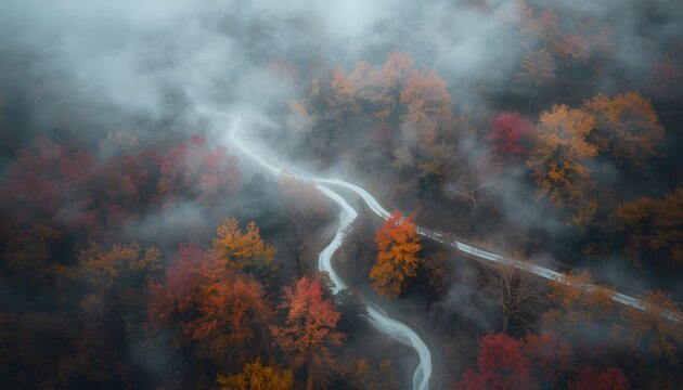 Aerial view of winding road flowing like fog through colorful autumn forest foliage