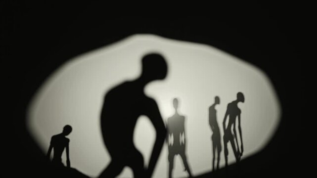 creepy humanoid silhouettes revealed by flashing light in darkness, eerie halloween horror scene with mysterious shadow figures and supernatural nightmare atmosphere motion video