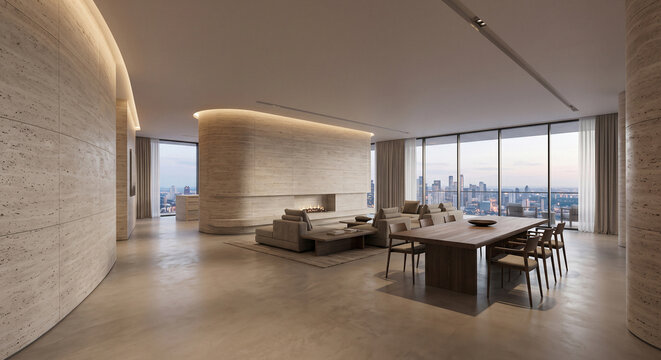 Designer penthouse with a curved living volume and natural stone detailing