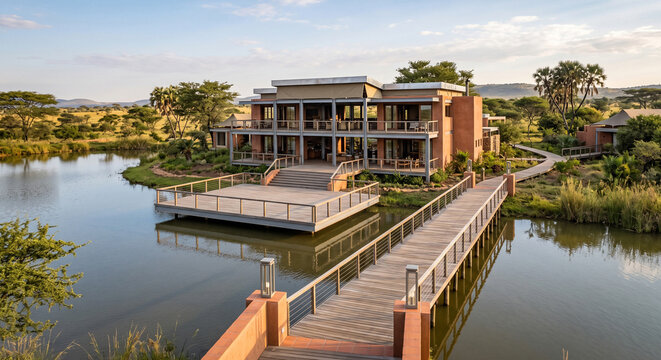 Safari lodge interior opening toward an island villa destination