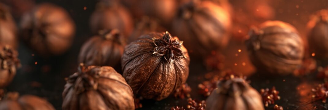 Close-up of Star Anise spice pods with warm, glowing bokeh lights in the background, macro photography