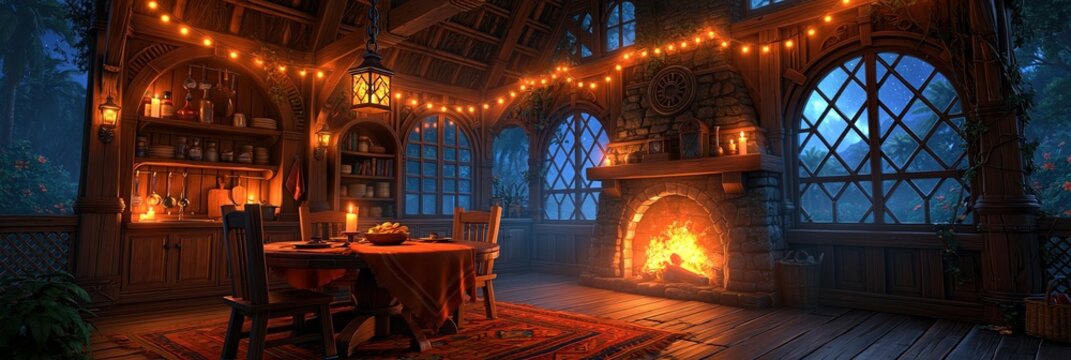 Cozy rustic cabin interior with fireplace, dining table, and string lights at night