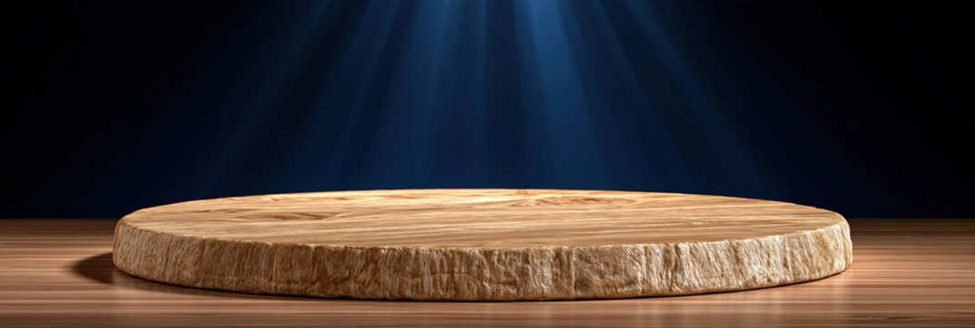 Empty Wooden Podium on Wooden Surface with Dramatic Blue Spotlights