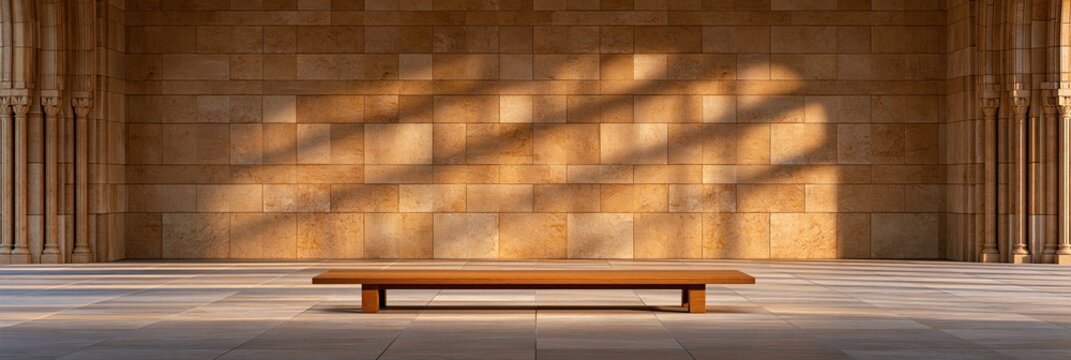 Empty wooden bench in a sunlit courtyard with stone walls and columns, casting shadows.