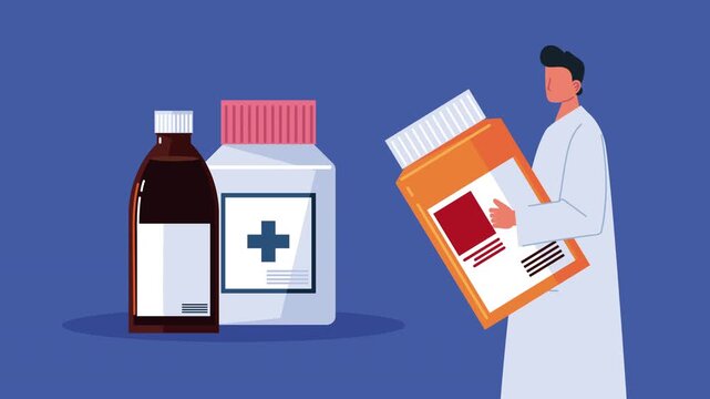 Male doctor animation with medical bottles and prescription drugs for healthcare footage, dynamic pharmaceutical clip.