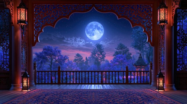Enchanting balcony view of a full moon over a mystical purple forest at night