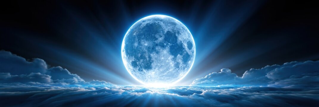 Enchanting Blue Moon Rising Over Clouds with Radiant Light Rays