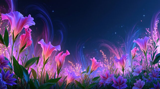 Enchanting fantasy garden with glowing pink and purple flowers under a starry night sky with swirling lights.