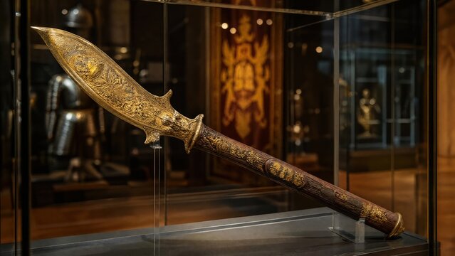 A ceremonial gilded glaive with carved shaft displayed in a museum. 