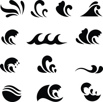 Stylized wave shapes collection black vector illustration on white background