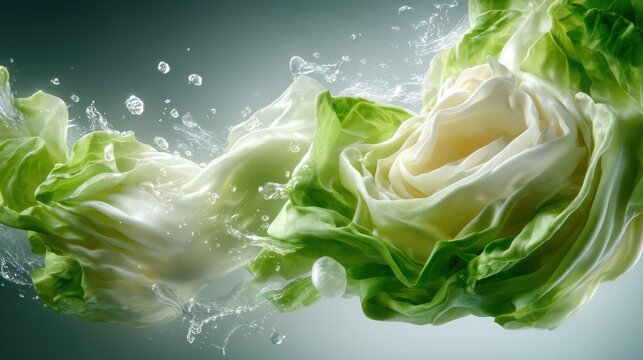This captivating image showcases beautifully formed cabbage roses surrounded by splashes of water, symbolizing purity and freshness in nature's artistry.