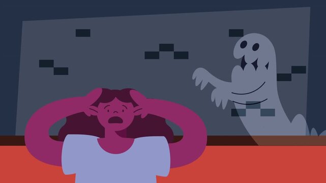 Scared person reacting to ghost appearing behind window glass with dark ominous background.