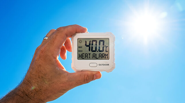 Realistic digital thermometer JPG showing 40&deg;C heat alarm, white housing and display, isolated on blue sky background for weather and safety design