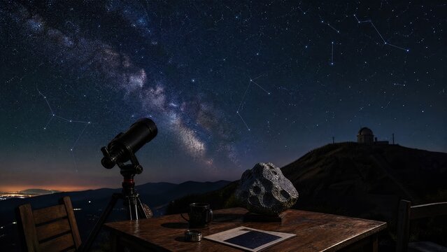  Dining table on hillside with telescope and asteroid model, starry sky and observatory silhouette, stargazing and astronomy concept. 