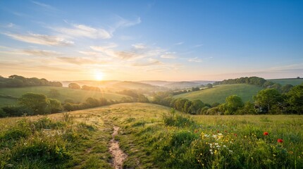 Fototapeta premium Golden Sunrise Over Rolling Green Hills – Scenic Rural Landscape Background for Travel, Wellness, and Nature Posters