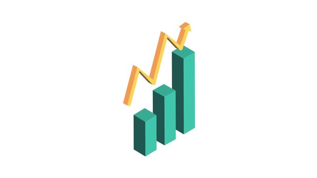 Isometric growth bar chart with rising arrow animation on white background showing business progress and financial success.