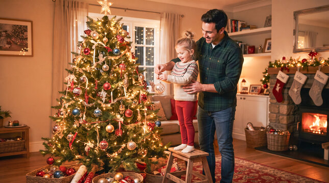 Un padre ayuda a su hija peque&ntilde;a a colocar una esfera en el &aacute;rbol de Navidad decorado en un c&aacute;lido y festivo sal&oacute;n con chimenea encendida.