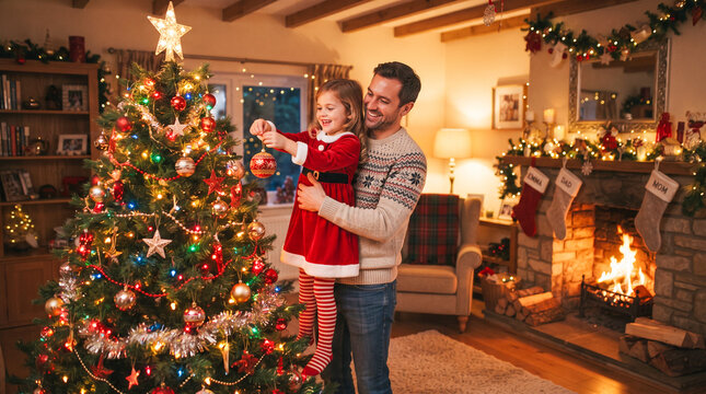 Un padre ayuda a su hija peque&ntilde;a a colocar una esfera en el &aacute;rbol de Navidad decorado en un c&aacute;lido y festivo sal&oacute;n con chimenea encendida.