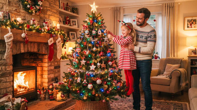 Un padre ayuda a su hija peque&ntilde;a a colocar una esfera en el &aacute;rbol de Navidad decorado en un c&aacute;lido y festivo sal&oacute;n con chimenea encendida.