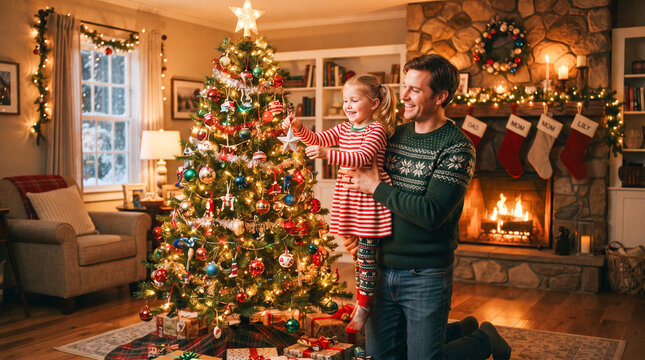 Un padre ayuda a su hija peque&ntilde;a a colocar una esfera en el &aacute;rbol de Navidad decorado en un c&aacute;lido y festivo sal&oacute;n con chimenea encendida.