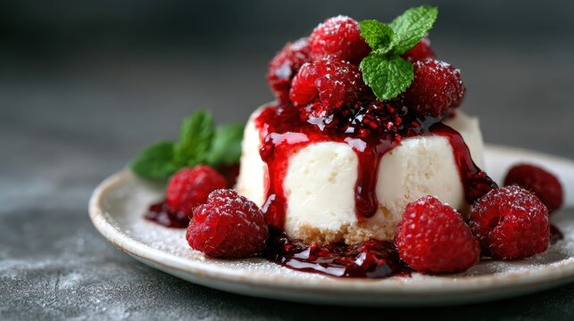 A delightful cheesecake garnished with glossy raspberry sauce and plump, ripe berries, evoking indulgence and sweetness in every bite for dessert lovers.