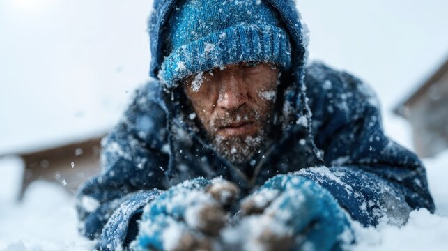 A man crawling in deep snow, showcasing resilience and survival, as heavy snowflakes fall around him, highlighting the struggle against harsh winter conditions.