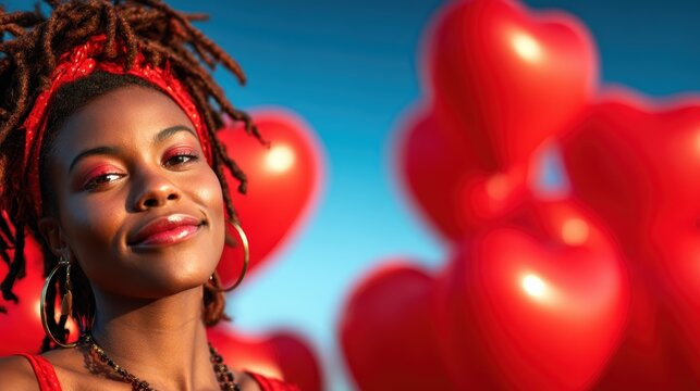 A confident young woman with dreadlocks poses against a backdrop of heart-shaped balloons, exuding self-assurance, joy, and an expression of love and celebration.