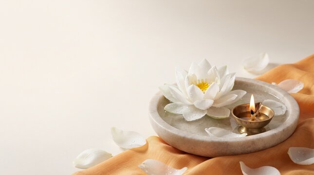 White lotus flower floating on calm water with a glowing diya representing peace, purity, meditation and spiritual serenity.