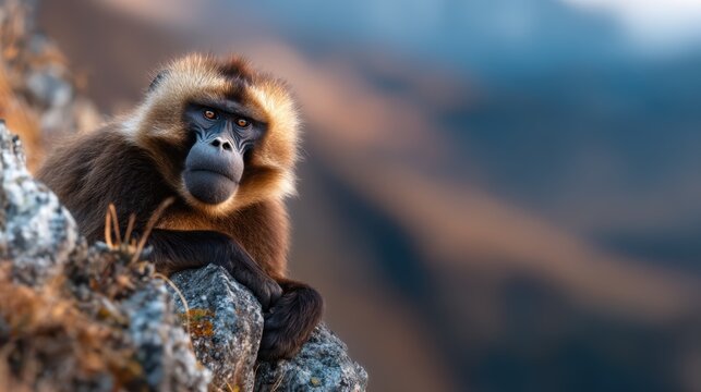 A captivating photograph captures a monkey lounging on a jagged rock, with a dramatic backdrop of soft hues that highlights the animal&rsquo;s curious expression and majestic surroundings.