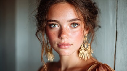 A captivating portrait of a young woman with enchanting freckles and golden earrings, radiating natural beauty against a soft background, embodying confidence and charm.