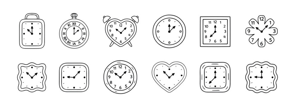 Clock set: Hand-drawn clock set, various shapes and styles in black outline