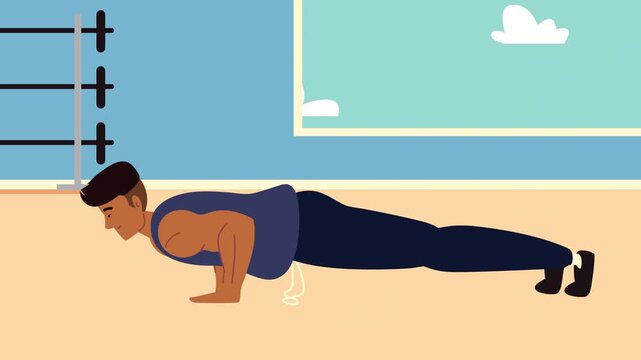 Athletic man doing push ups dynamically in gym for fitness and workout.